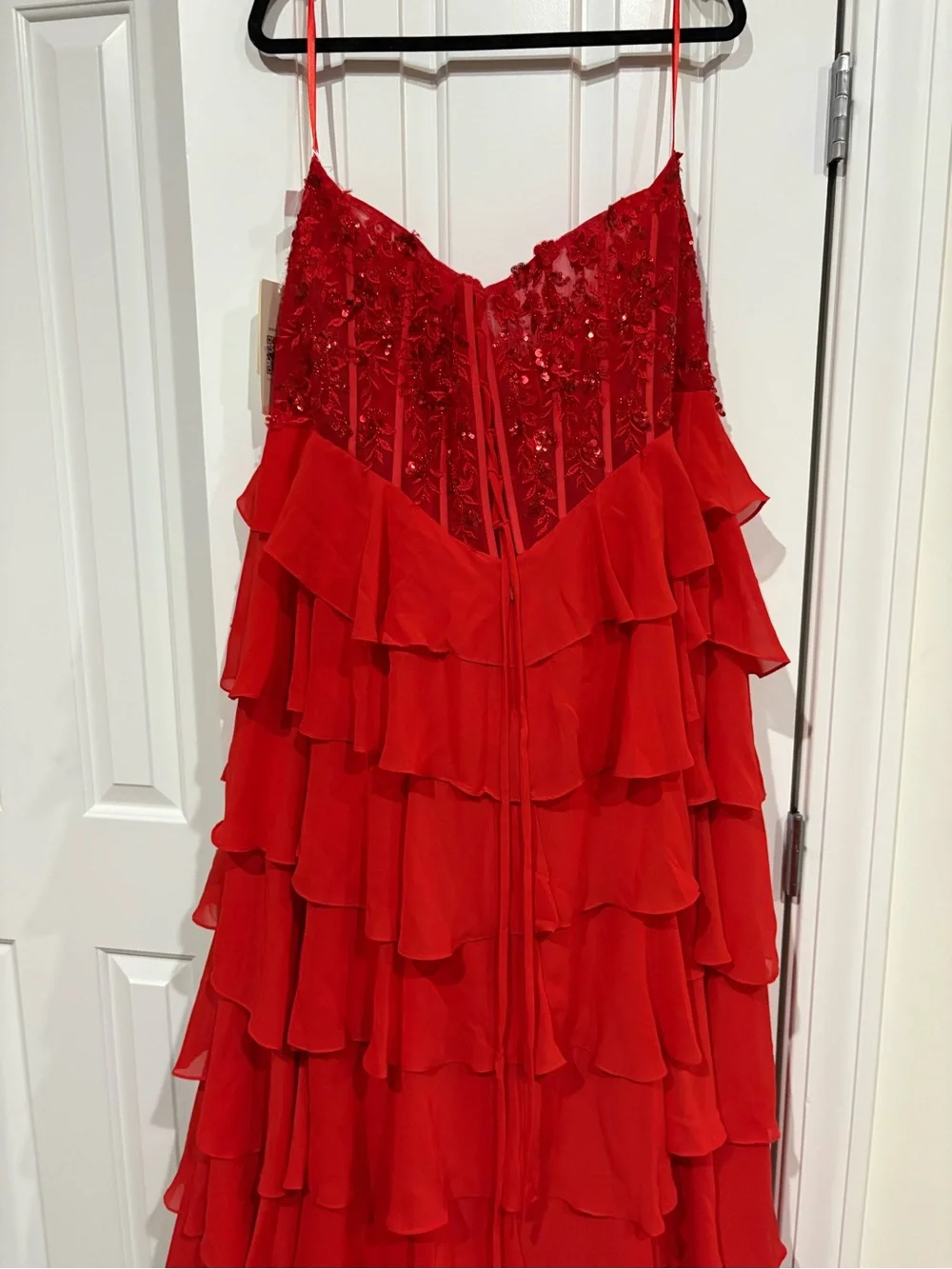 Red Strapless Layered Ruffle Gown - - Picture 4 of 5